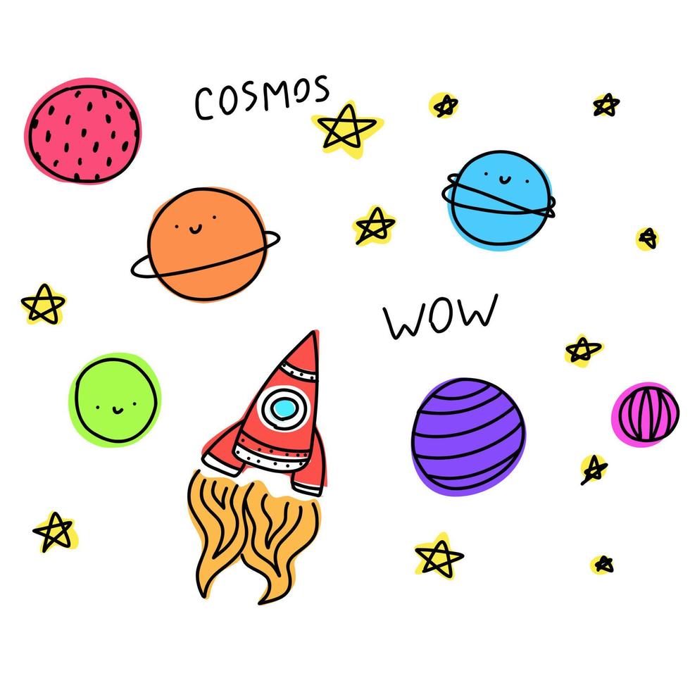 coleção de planetas com cosmos de texto. espaço isolado doodle bonito, estrelas para cartão postal, pôster, plano de fundo. mão desenhada ilustração vetorial. vetor