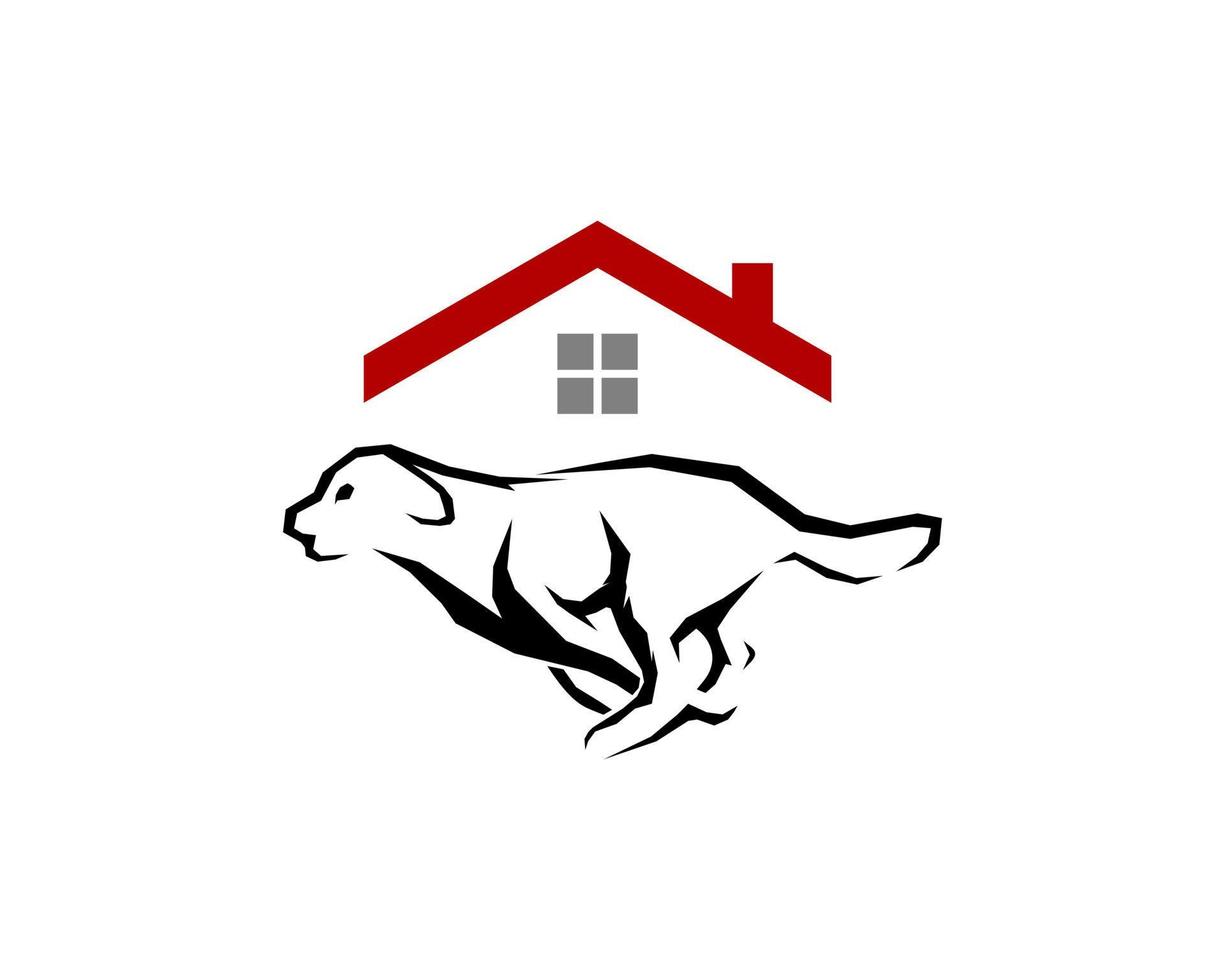cachorro correndo com logotipo de telhado de casa vermelha vetor