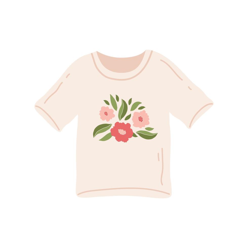 t-shirt bonito na moda com bordado de flores artesanais isolado no fundo branco. t-shirt de mulher com padrão floral. ilustração plana desenhada à mão vetorial vetor