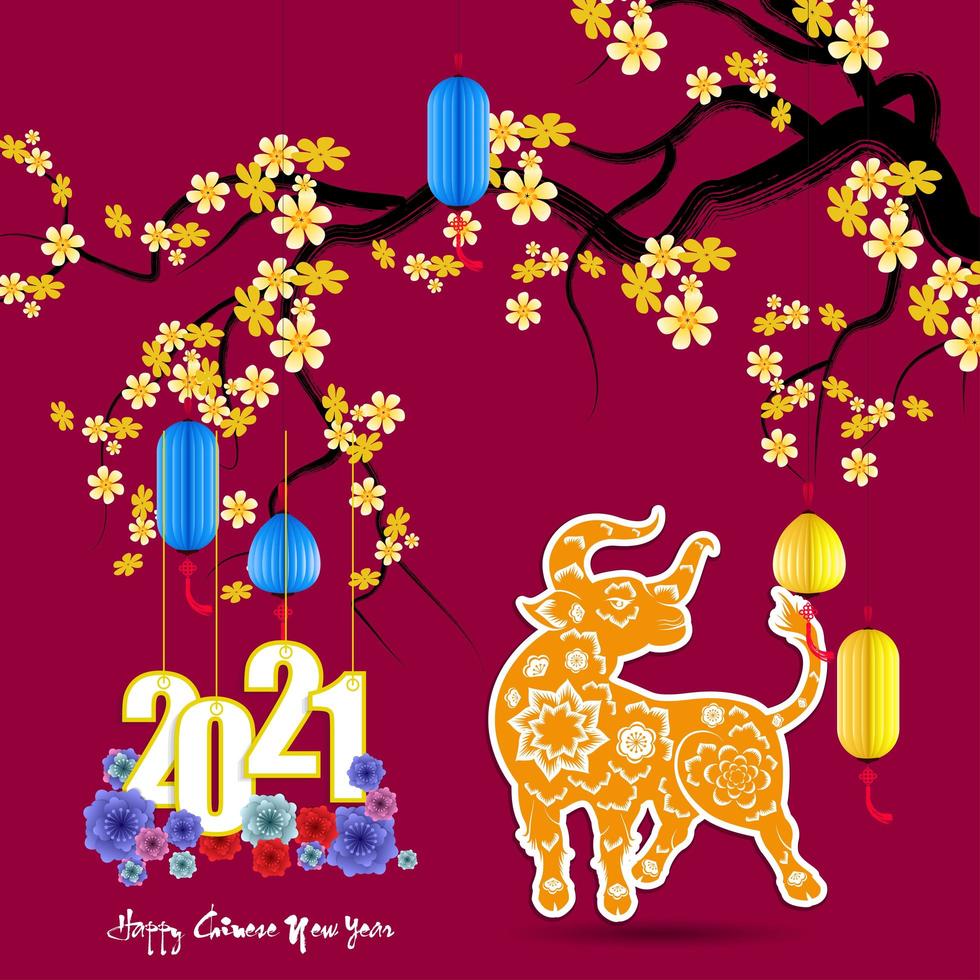 Ano novo chinês 2021 ano com flores de damasco e boi vetor
