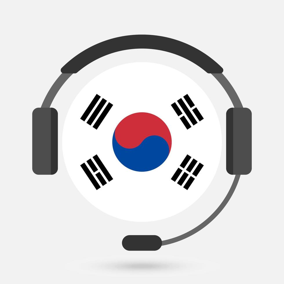 bandeira da coreia do sul com fones de ouvido. ilustração vetorial. língua coreana. vetor