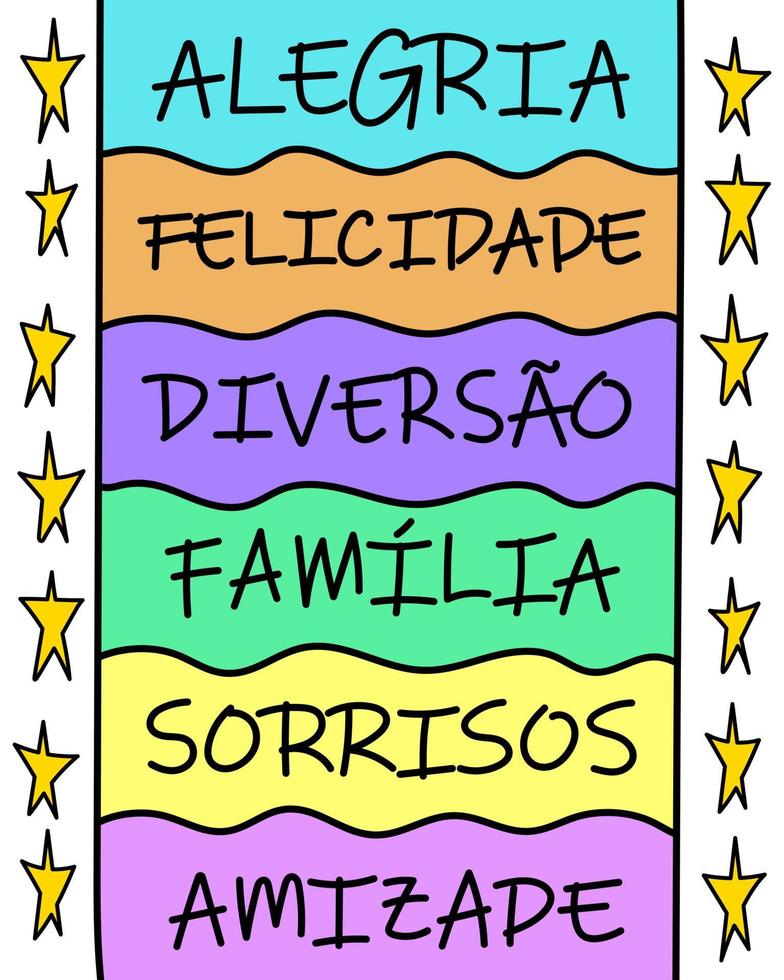 letras de família digital colorido português brasileiro. perfeito para seu amigo. tradução - alegria, felicidade, diversão, família, sorrisos, amizade vetor