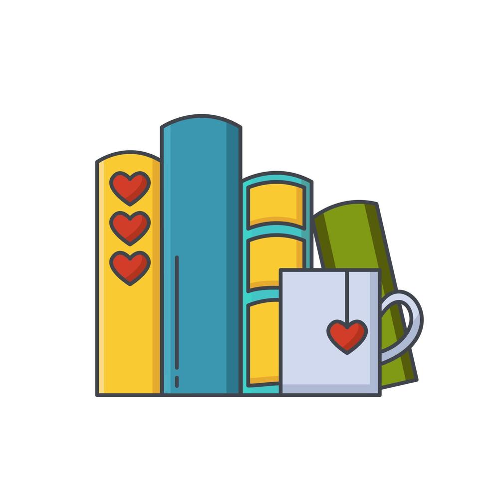 ícone de linha colorida de pilha de livros e xícara de chá ou café com símbolos do coração. vetor
