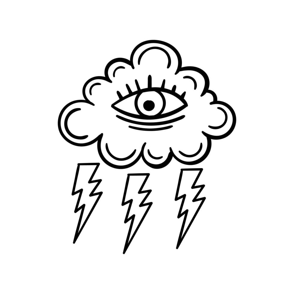 chuva de nuvens desenhada à mão com ilustração de doodle de olho para pôster de adesivos de tatuagem etc vetor