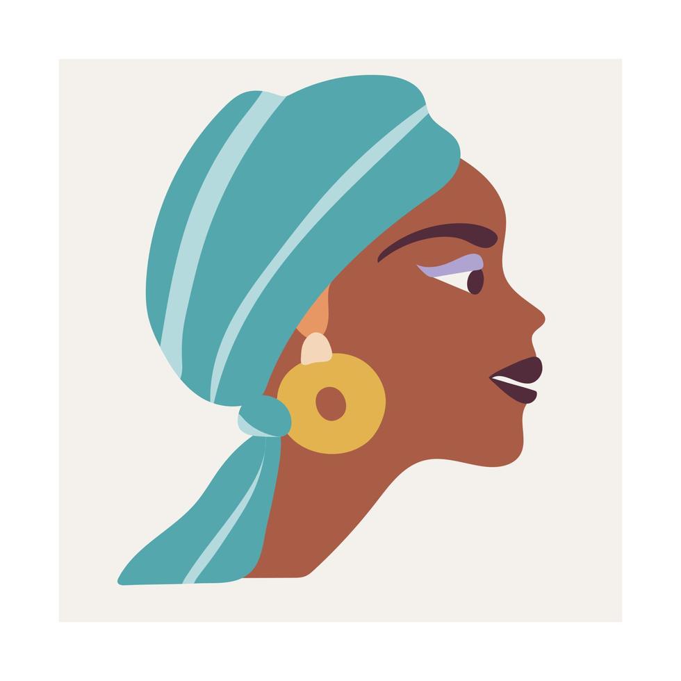 cartaz com um retrato africano feminino abstrato em um turbante e brincos grandes. o rosto de uma mulher com pele escura. impressão vetorial para roupas e cartazes. arte para um projeto de moda vetor