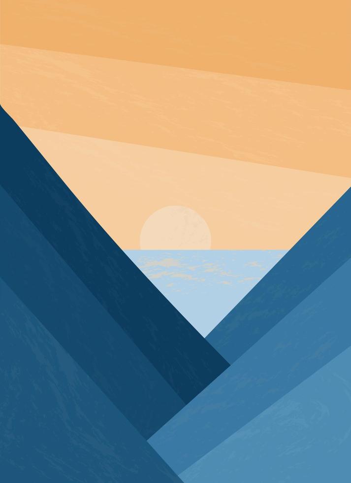 paisagem minimalista. montanhas abstratas e pôr do sol no mar. fundo natural elegante. cartaz nas cores azuis da terra. vetor