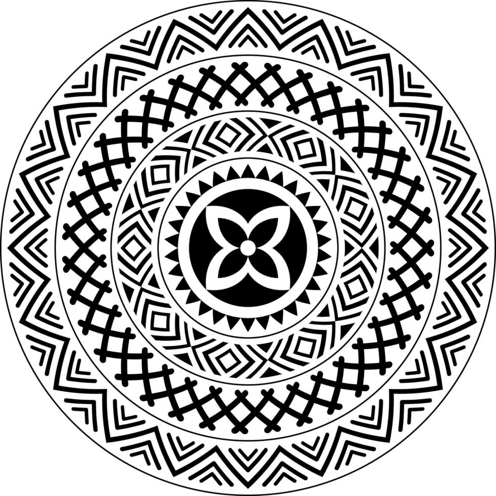 padrão de mandala tribal, design de mandala polinésia circular abstrato, ornamento de vetor de estilo tatuagem havaiano polinésio em preto e branco