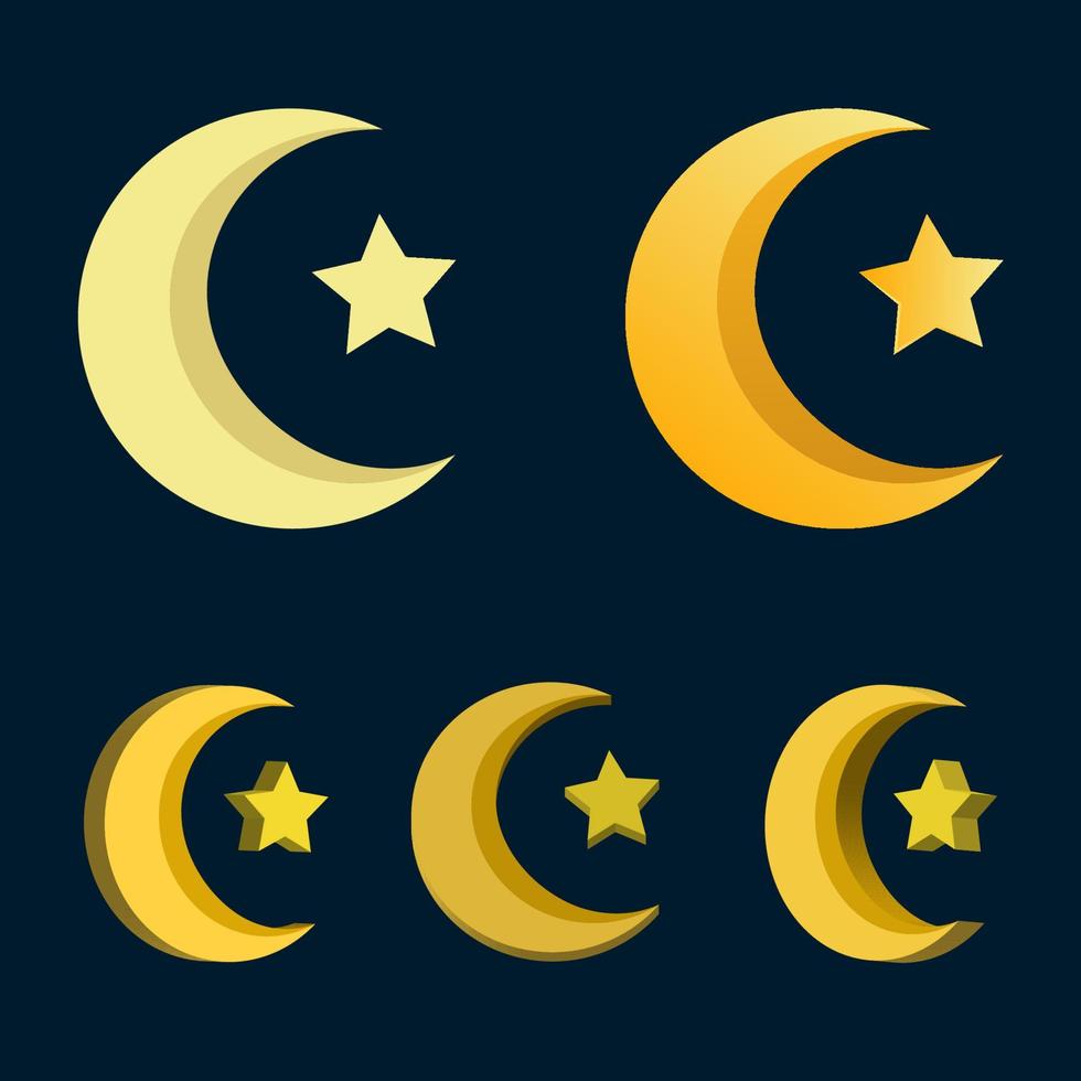 conjunto isolado de ícone de elemento islâmico de lua crescente estilo plano e 3d vetor