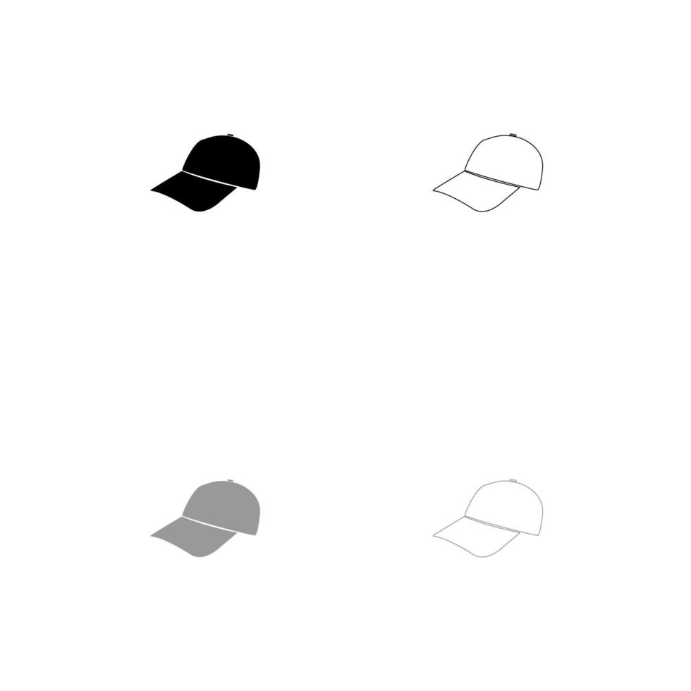 ícone de conjunto preto e cinza de boné de beisebol. vetor