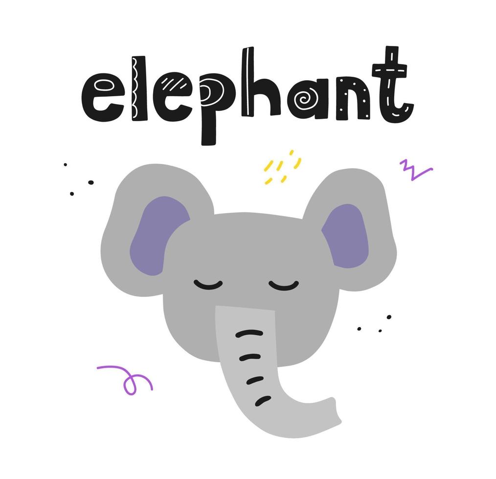 elefante fofo com letras. ilustração vetorial desenhada à mão plana para design de pôster e camisetas infantis. vetor