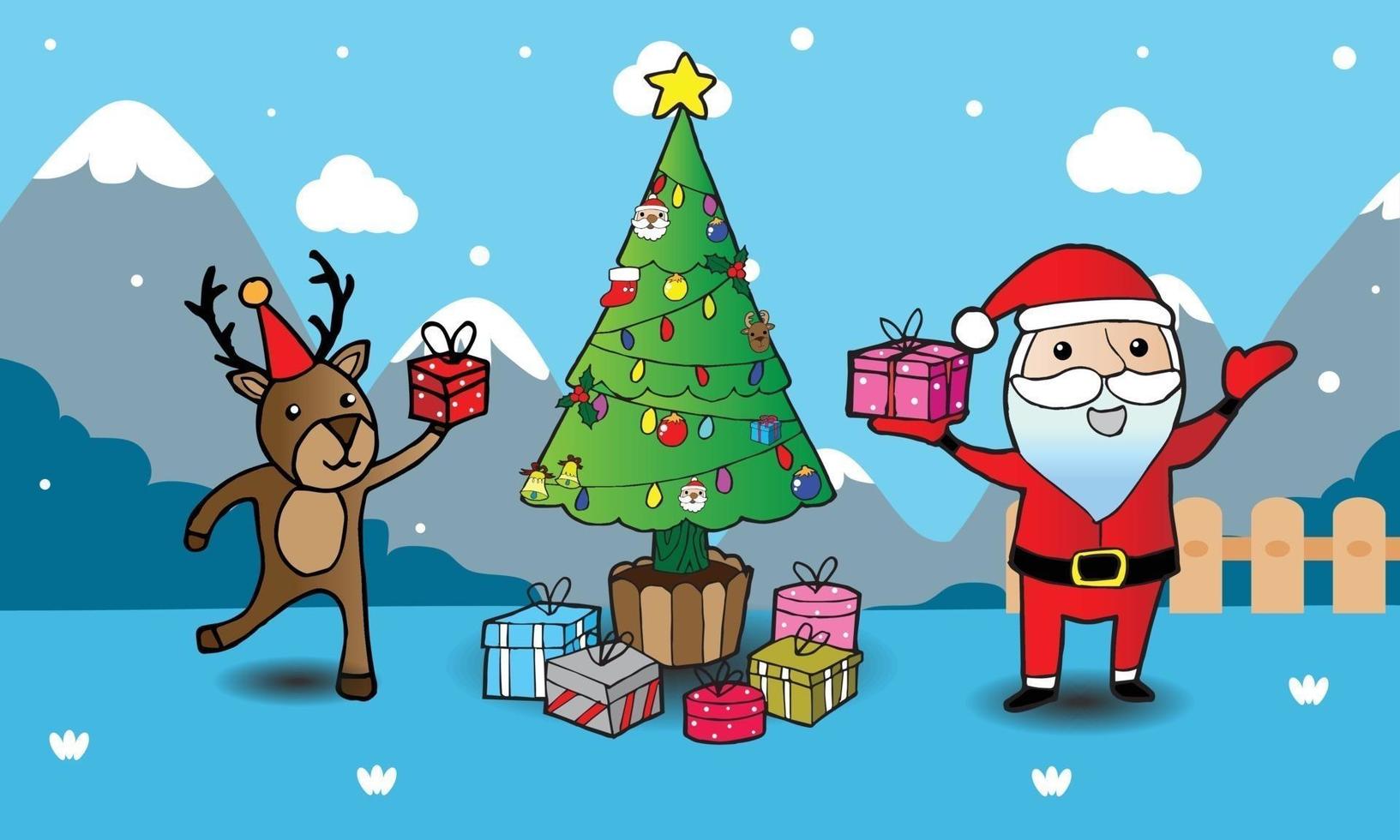 cartão de felicitações, cartão de natal com papai noel, veado e árvore de natal vetor