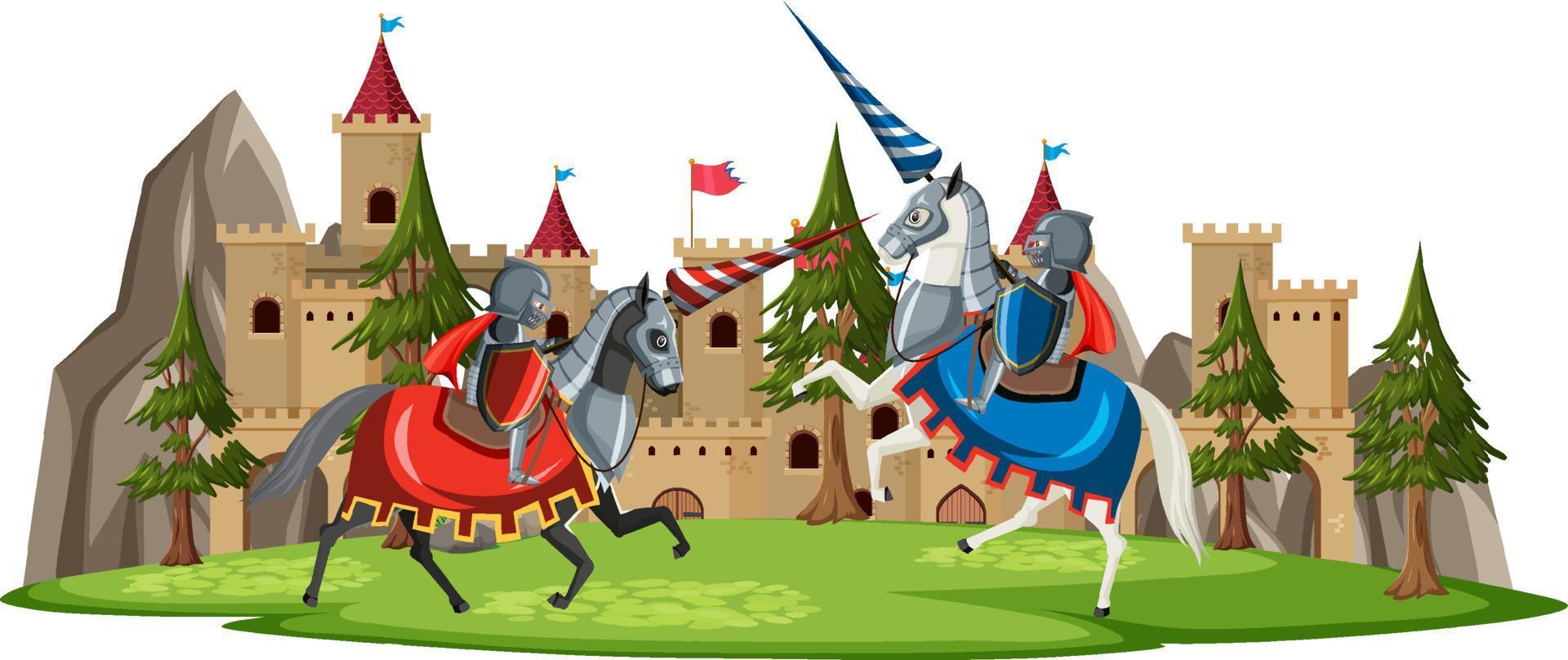 cavaleiros lutam em frente ao castelo vetor