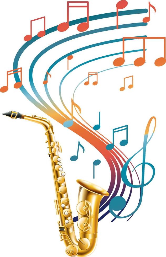 notas de música arco-íris colorido com saxofone em fundo branco vetor