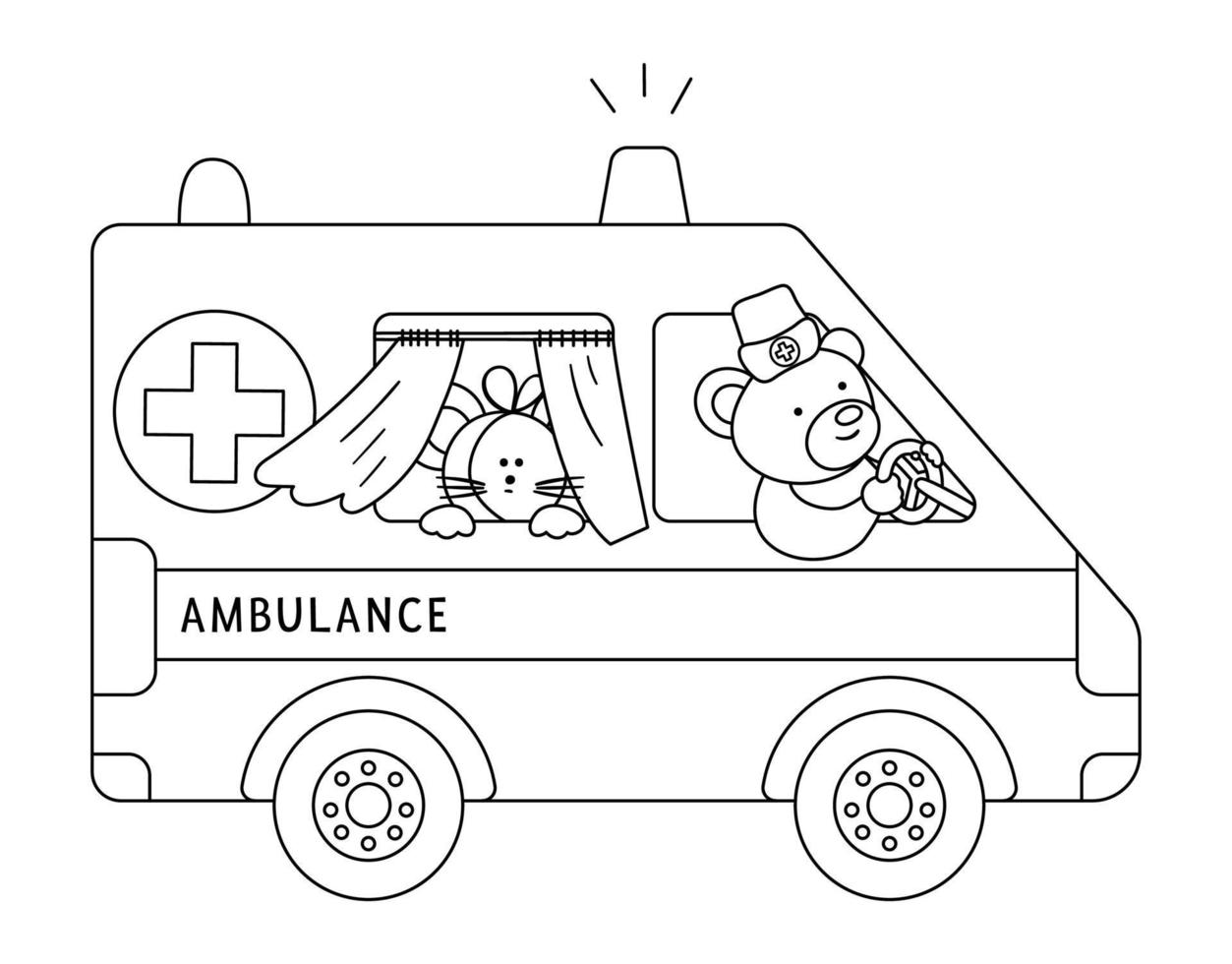 ambulância de contorno vetorial com animais fofos dentro. urso médico dirigindo carro de emergência com rato doente. página para colorir de transporte médico especial engraçado para crianças. vetor