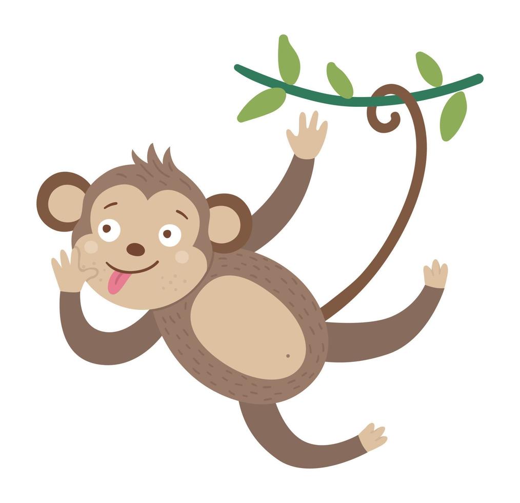 macaco bonito de vetor pendurado na liana com a língua presa isolada no fundo branco. ilustração de frutas e animais tropicais engraçados. imagem plana brilhante para crianças. clipart de verão na selva