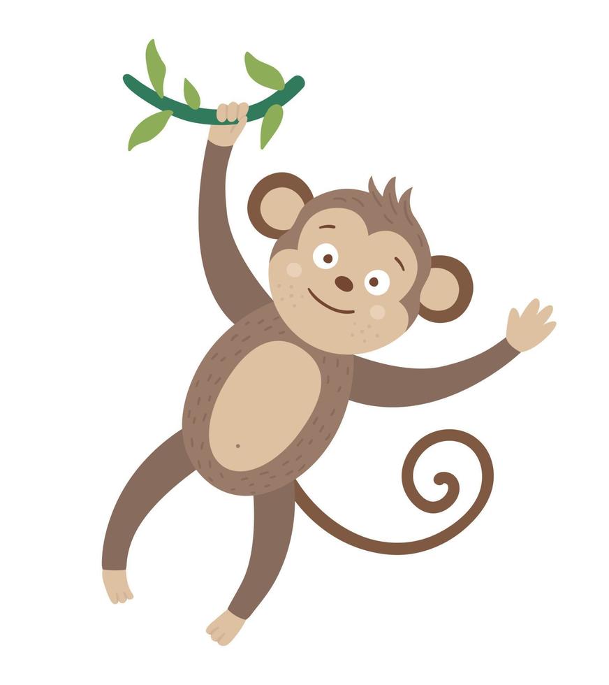 macaco bonito de vetor pendurado na liana isolado no fundo branco. ilustração de animais tropicais engraçados. imagem plana brilhante para crianças. clipart de verão na selva