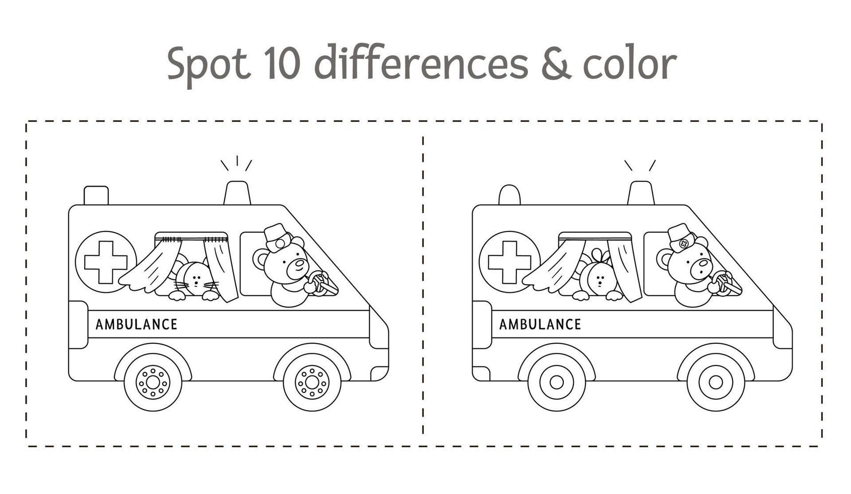 médico encontrar diferenças jogo e página para colorir para crianças. atividade pré-escolar de medicina com carro de ambulância e personagens fofinhos. quebra-cabeça com transporte especial de emergência. vetor