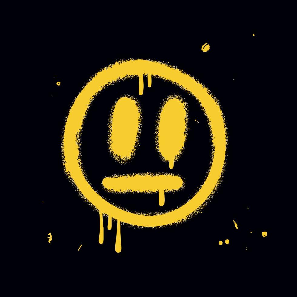 conceito de graffiti urbano - emoticon de rosto doente assustador amarelo pulverizado com gotas e salpicos isolados no fundo preto. ilustração vetorial desenhada à mão texturizada da arte da parede da rua. vetor