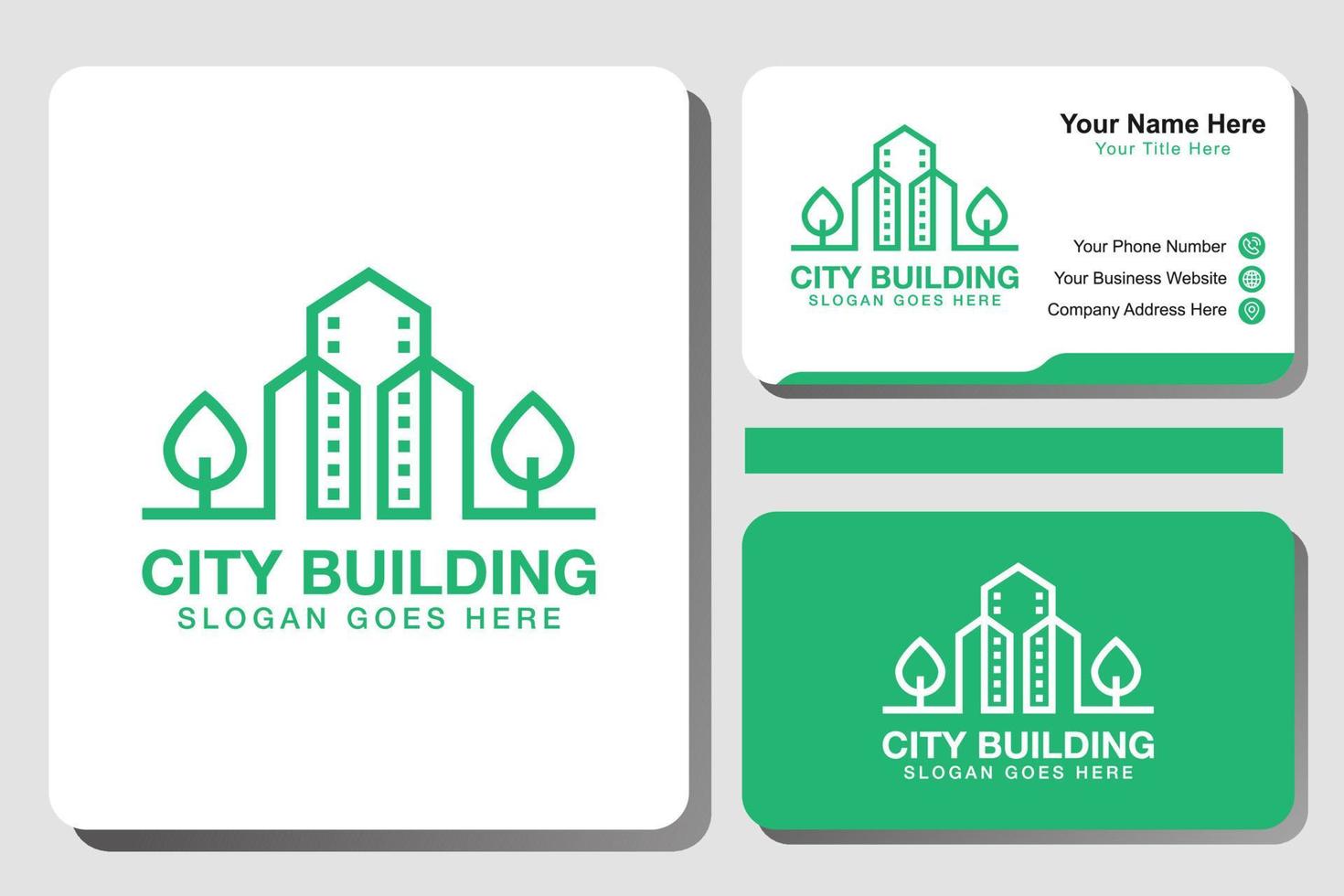 logotipo de construção de cidade verde moderna, logotipo de cidade eco de arte de linha com design de cartão de identidade, modelo vetorial vetor
