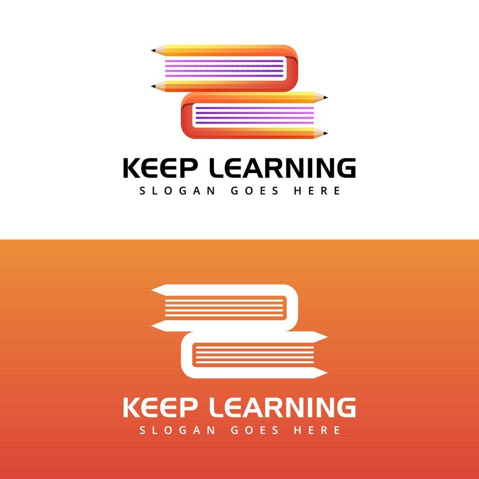 continue aprendendo, livro com conceito de logotipo de lápis, design de logotipo de educação vetor