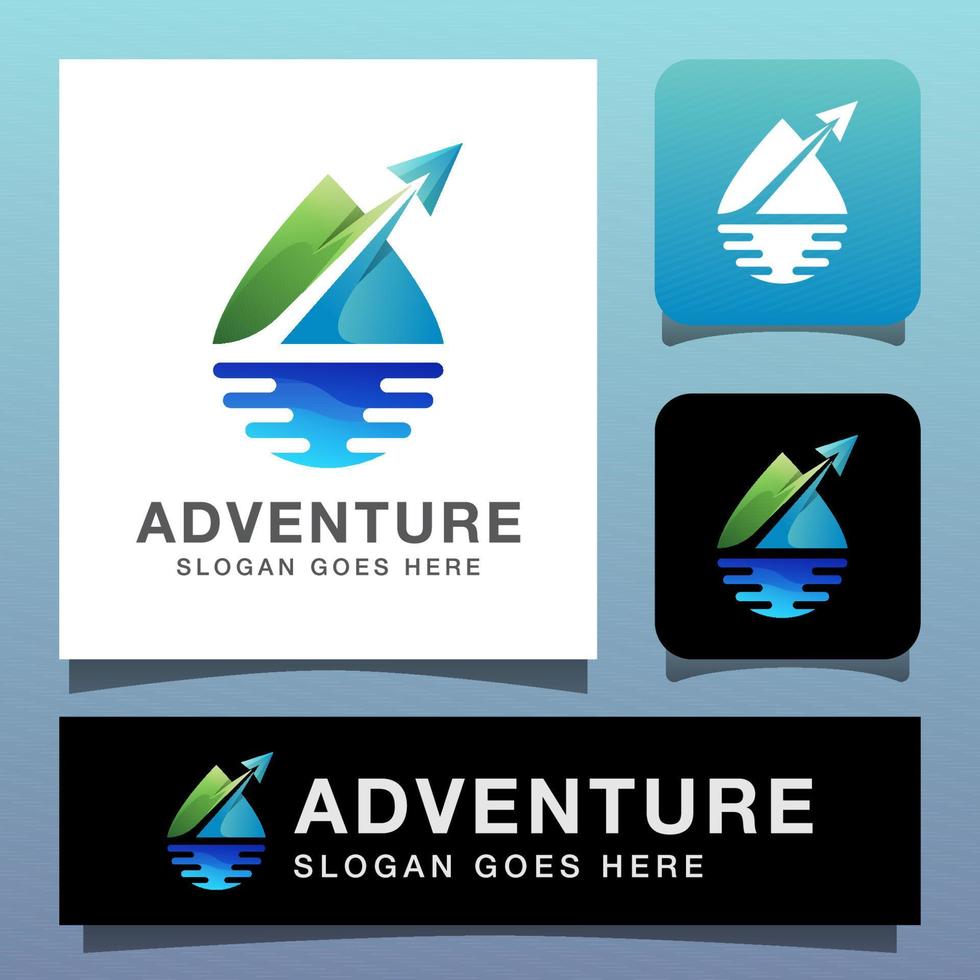 logotipo de viagem de aventura de cor moderna, paisagem natural com conceito de logotipo de avião vetor