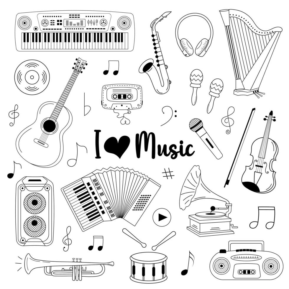 conjunto de doodle desenhado à mão de instrumentos misical, notas, sinais. eu amo o conceito de música. vetor