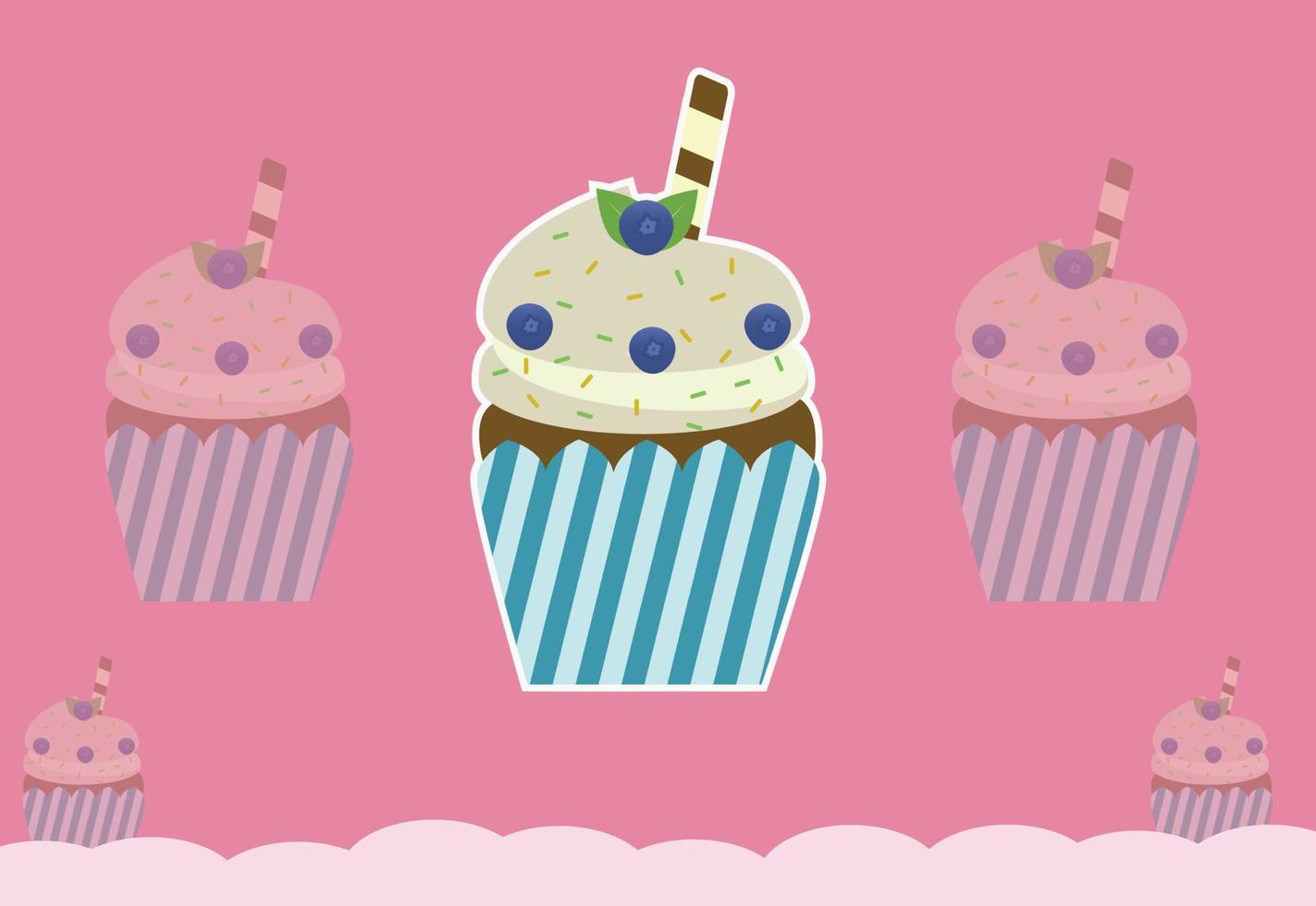 deliciosos cupcakes de mirtilo e bolacha com ilustração vetorial de fundo rosa vetor