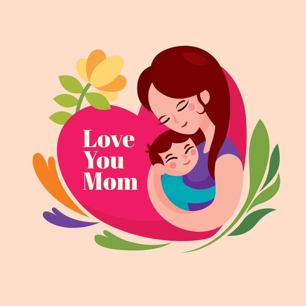 mãe segurando o filho nos braços com fundo de flores e amor. cartão de feliz dia das mães. ilustração vetorial vetor