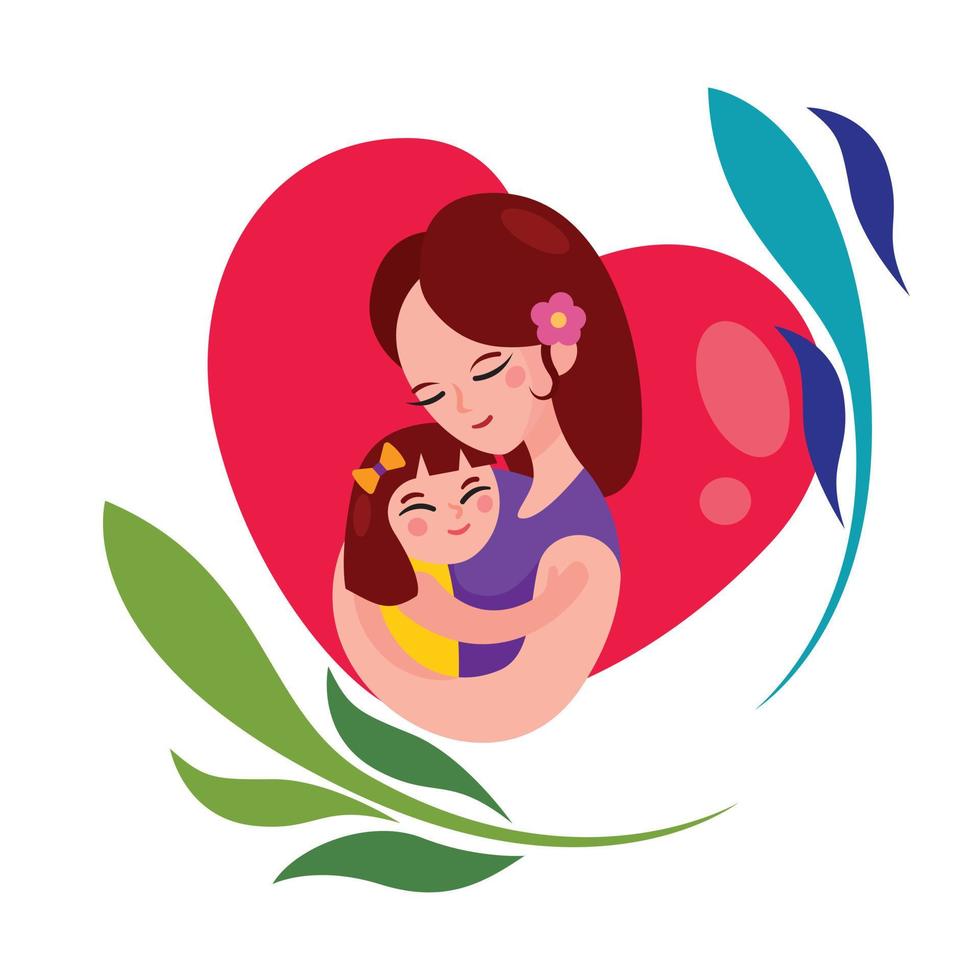 feliz dia das mães com mãe de design plano abraçando a filha nos braços no fundo em forma de coração vetor