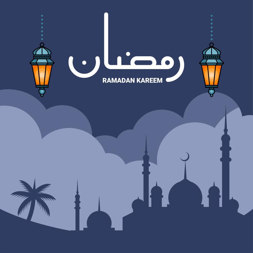 ramadan kareem e design de cartão de saudação eid e convite iftar, silhueta de mesquita, ornamento de lanterna marroquina, caligrafia árabe que significa ramadan kareem. vetor
