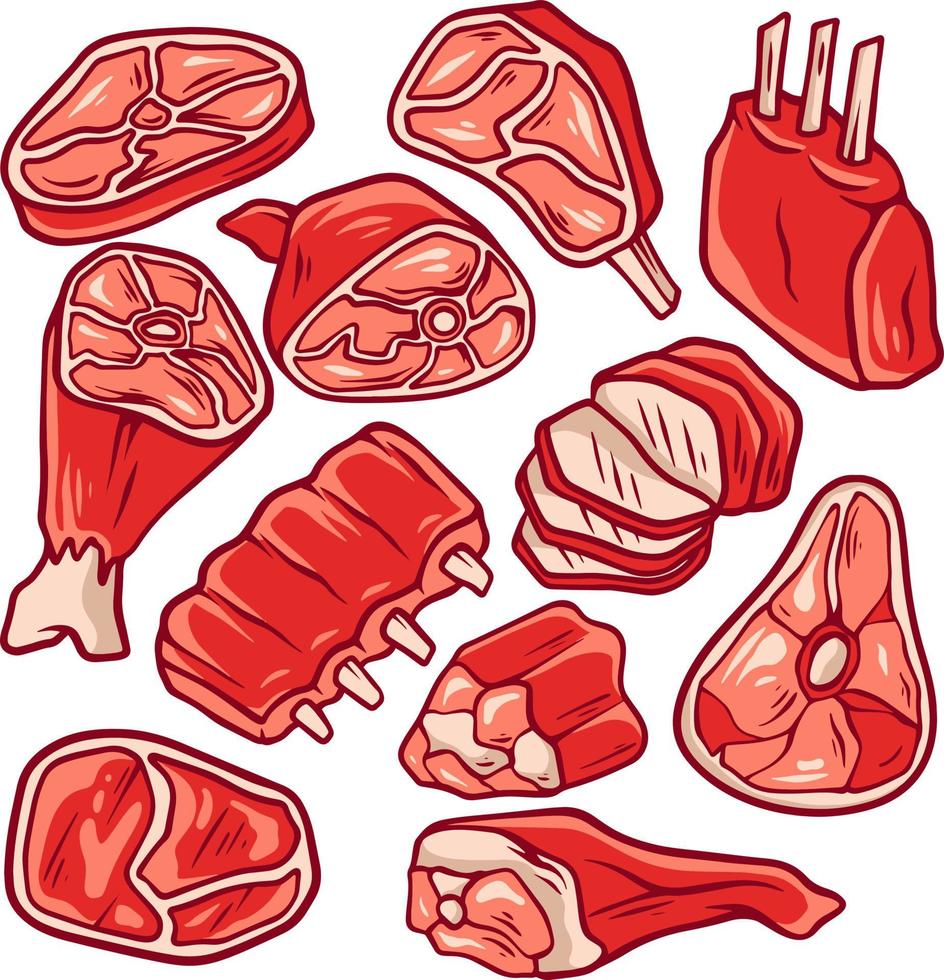 pacote de ilustração de doodle de bife vetor