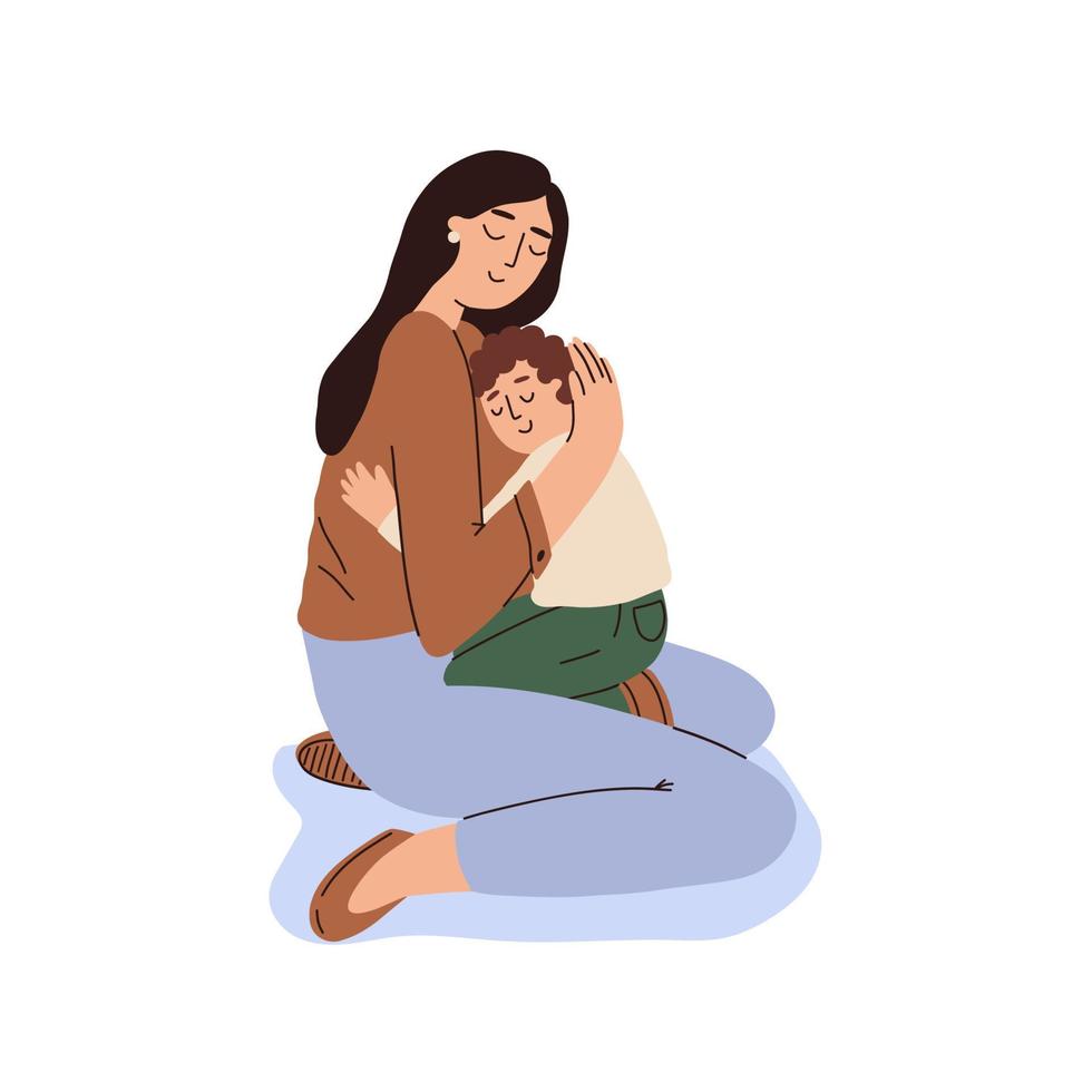 mãe segura a criança em seus braços e abraços. amor de mãe. ilustração vetorial de mão plana desenhada. vetor