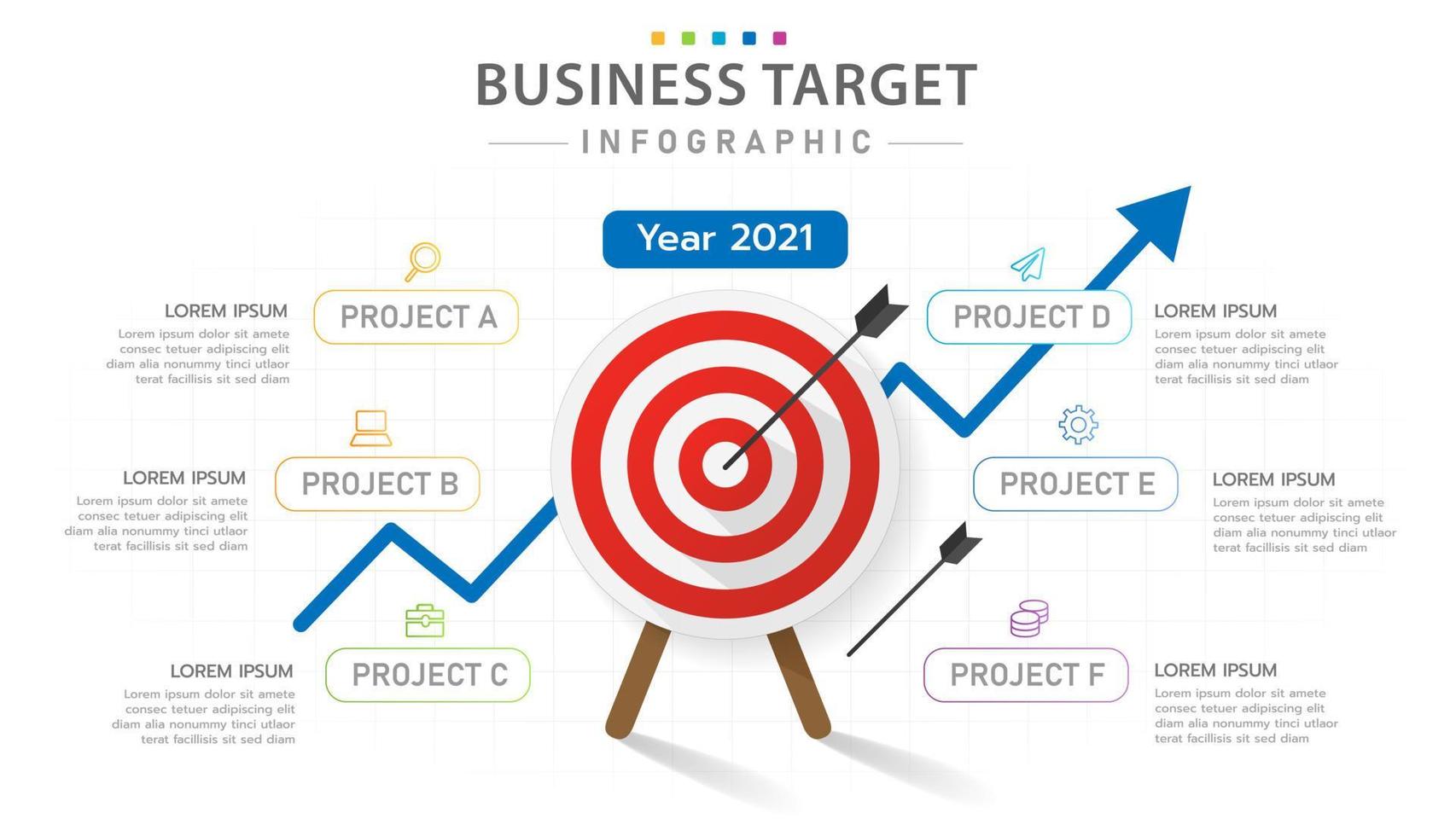 modelo de infográfico para negócios. diagrama de alvo moderno com descrição do projeto, infográfico de vetor de apresentação.