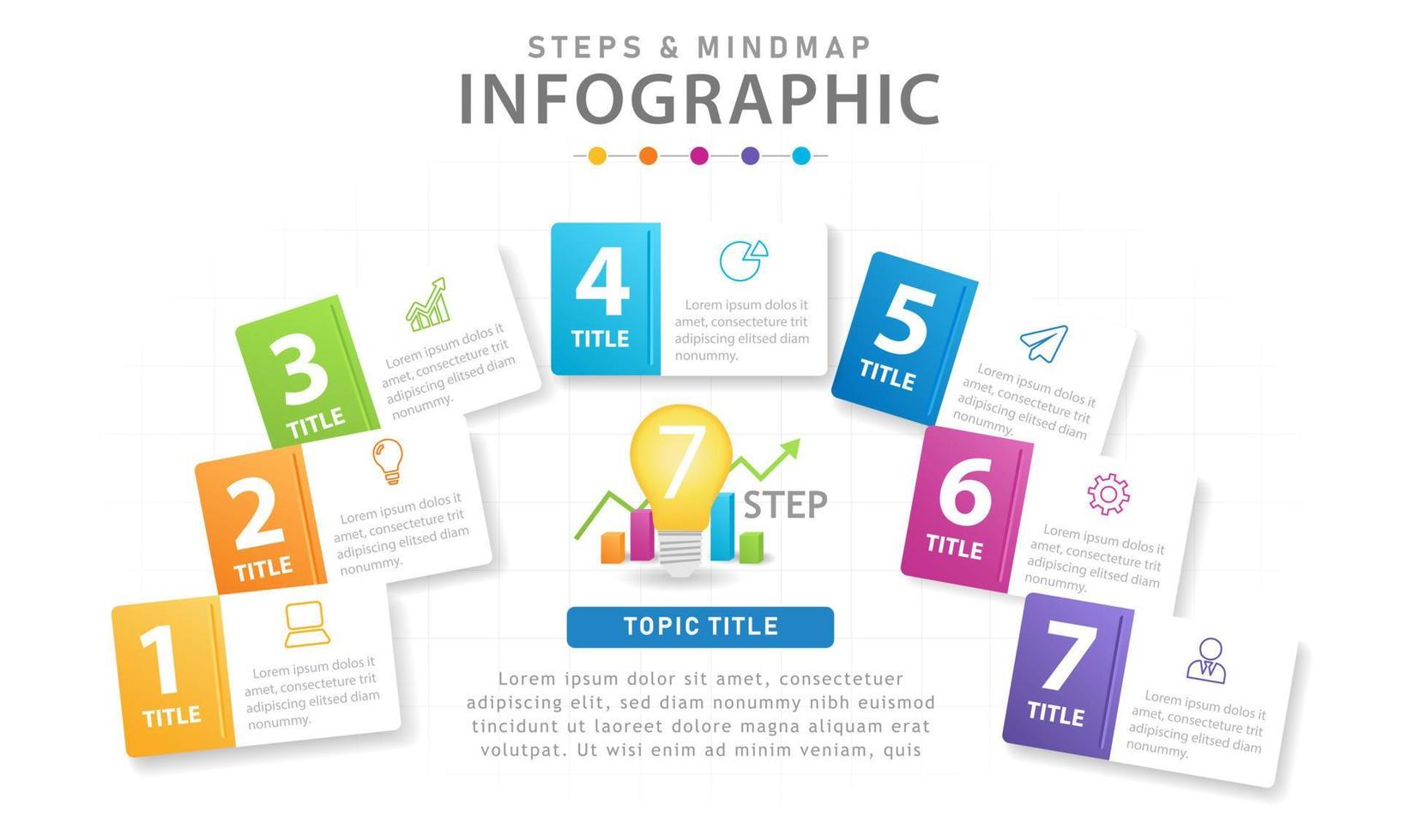 modelo de infográfico para negócios. Diagrama de mindmap moderno de 7 etapas com caixas, infográfico de vetor de apresentação.