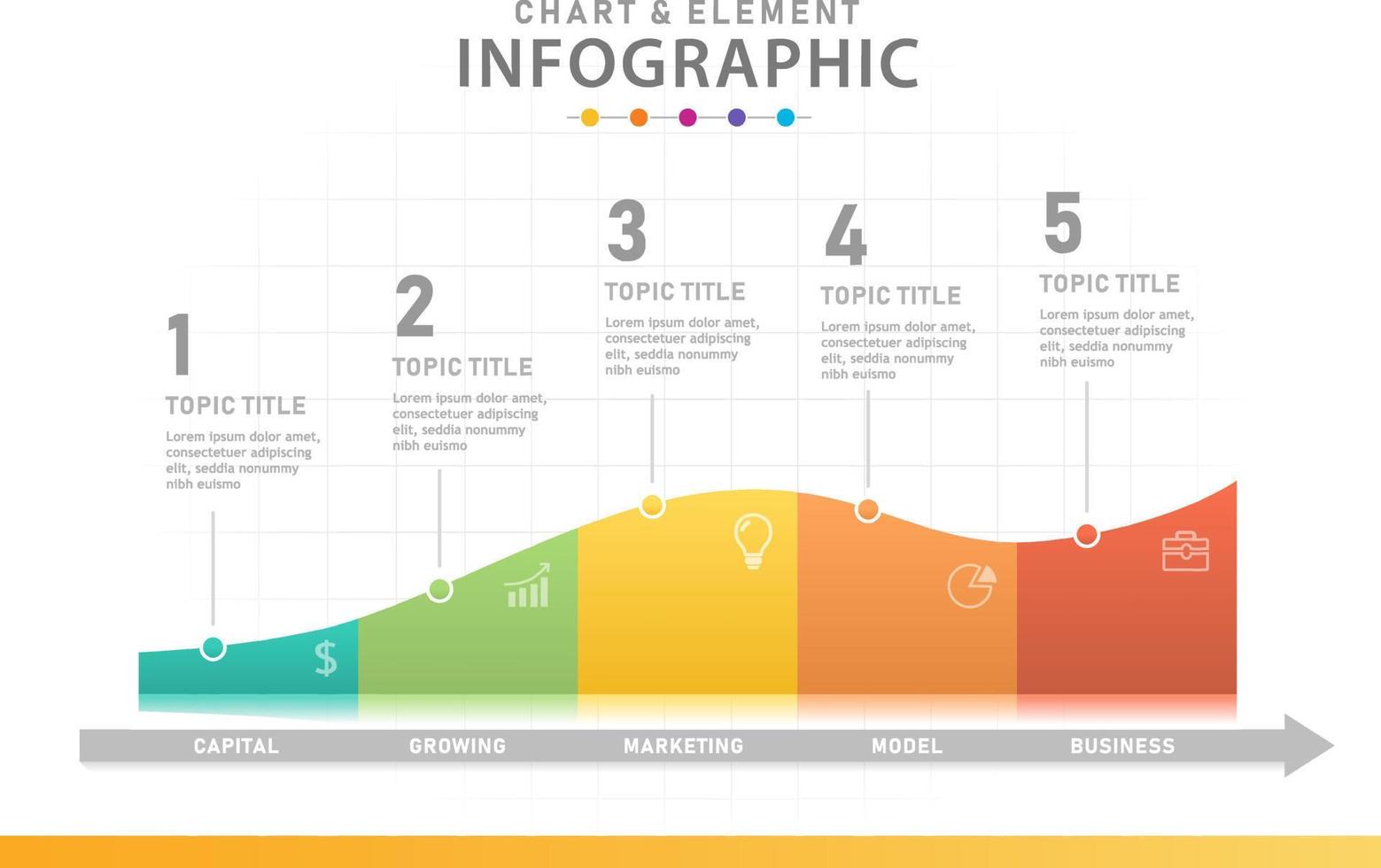 modelo de infográfico para negócios. Diagrama gráfico moderno de 5 etapas com curvas, infográfico de vetor de apresentação.