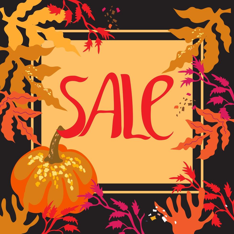 banner de venda de outono com uma ilustração vetorial plana de quadro de folhas de abóbora e outono em um fundo escuro. modelo para folhetos e cartazes de publicidade da temporada de outono. vetor