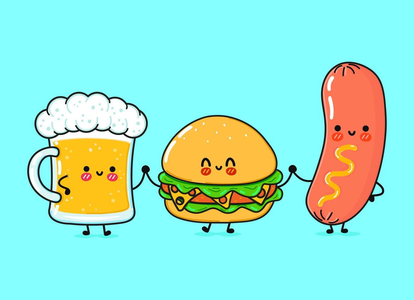 copo feliz bonito e engraçado de cerveja, salsicha com mostarda e hambúrguer. vector personagens de desenhos animados kawaii desenhados à mão, ícone de ilustração. copo de desenho animado de cerveja, mostarda de salsicha e mascote de hambúrguer