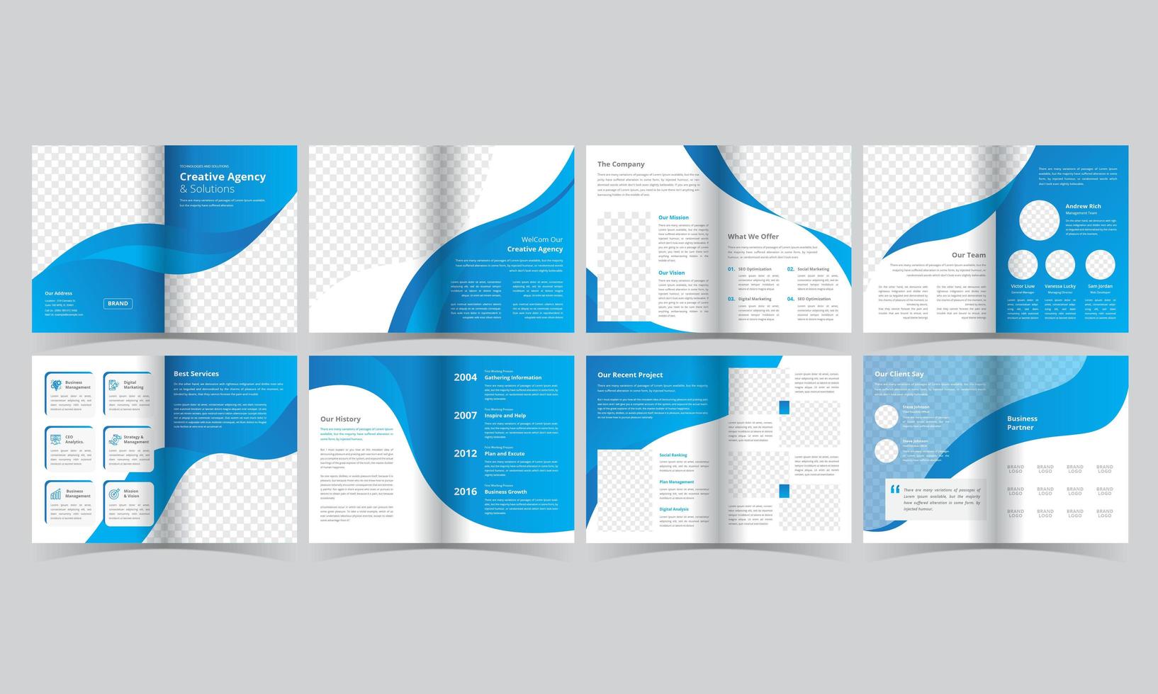 brochura azul e branca com detalhes curvos vetor