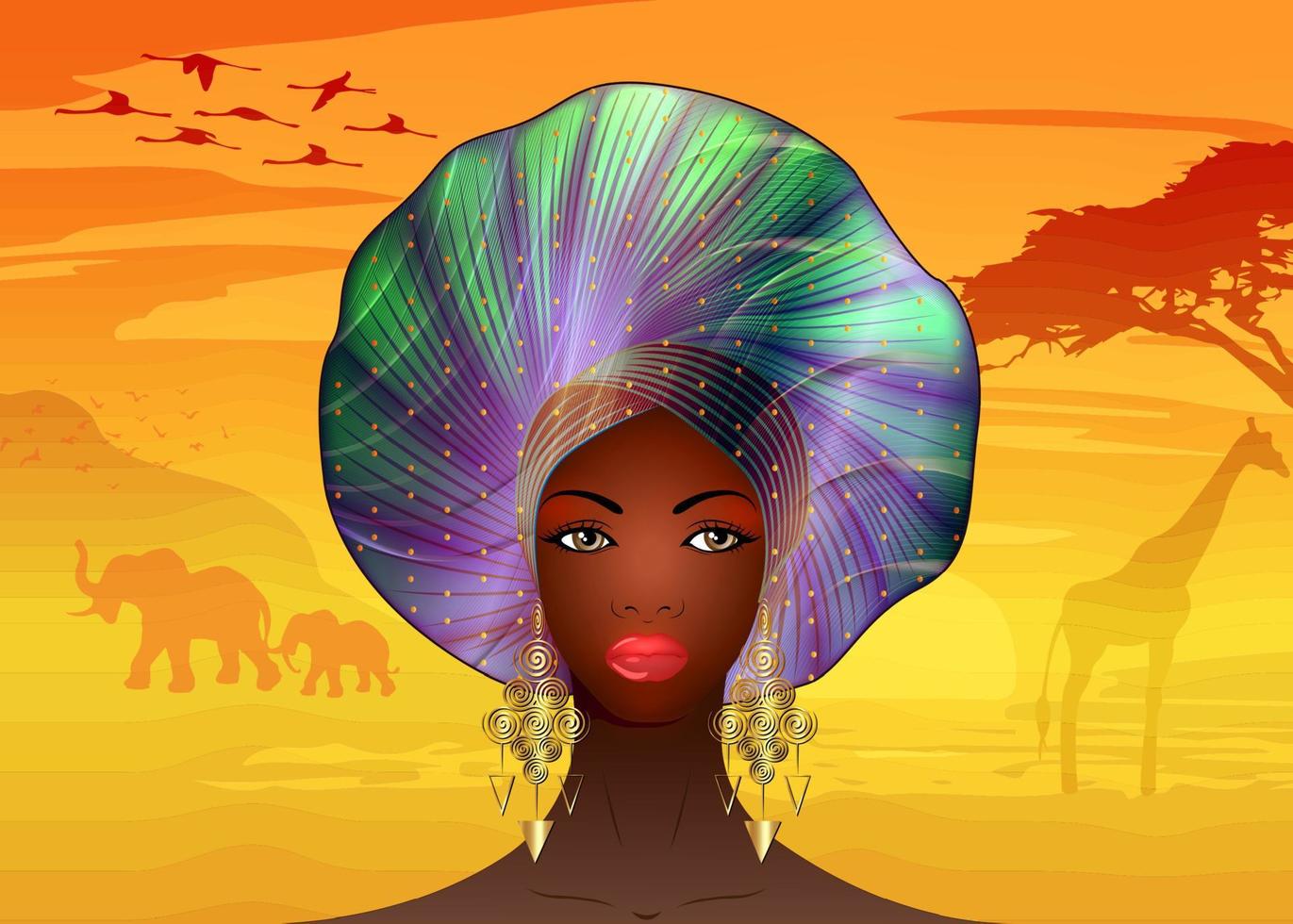 retrato de mulher africana, headtie nigeriano, turbante afro étnico e brincos de ouro. beleza negra em penteados de roupas de casamento yoruba. vetor de modelo de moda isolado no fundo de safári ao pôr do sol na África