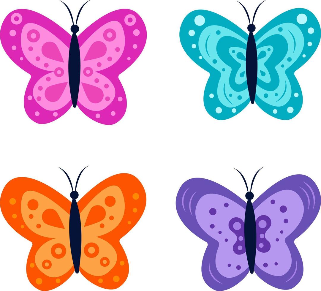 um conjunto de borboletas estilizadas em um fundo branco, ilustração vetorial, ideia de logotipo, livros para colorir, revistas, impressão em roupas, publicidade. vetor