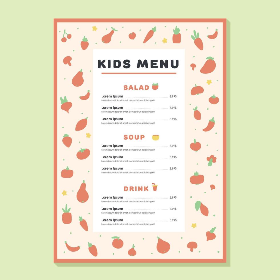 modelo de refeição de menu infantil. legumes e frutas saudáveis. desenho vetorial para menu infantil. vetor