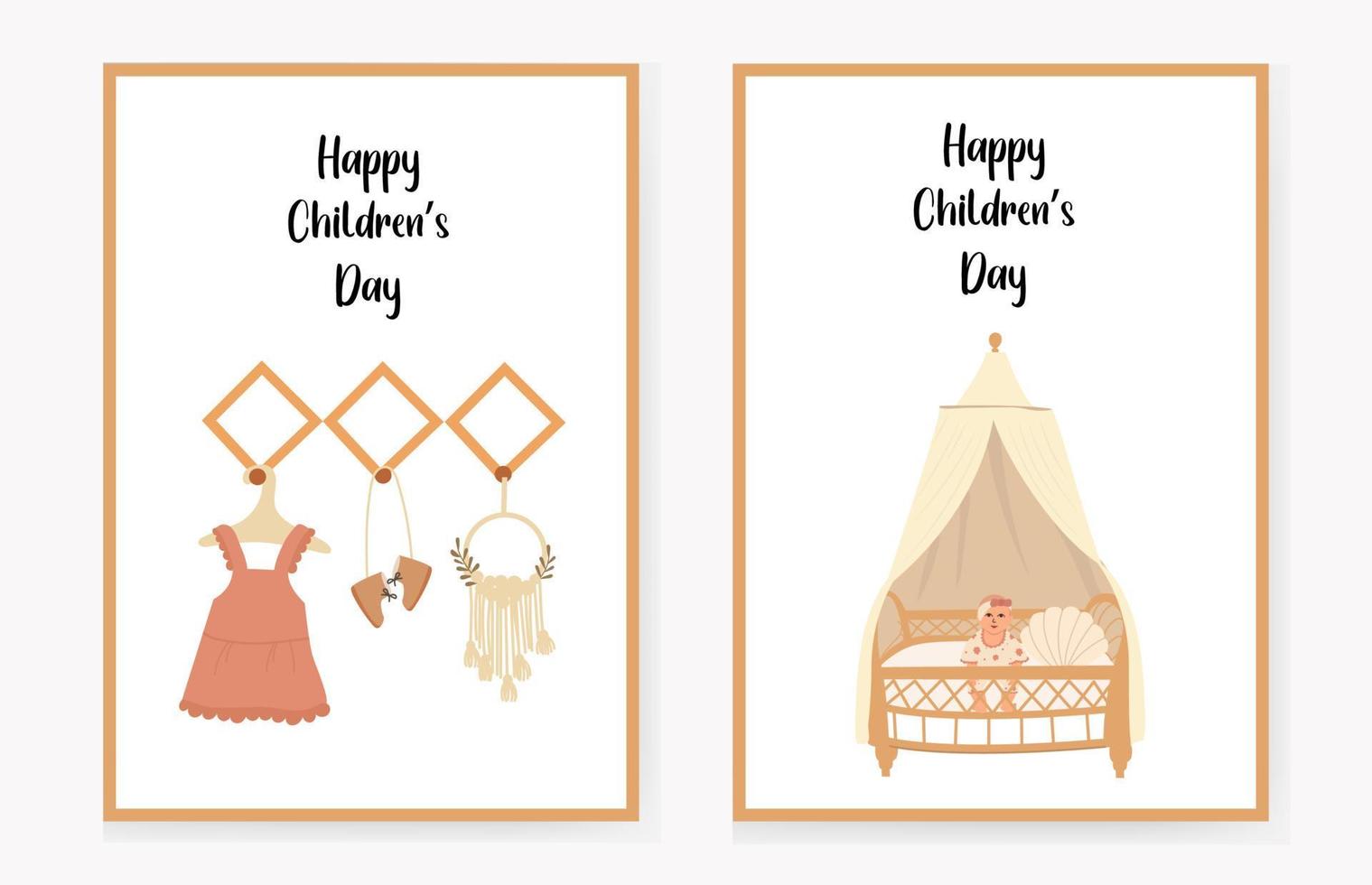 conjunto de cartões de convite para crianças com um berço fofo e um cabide com roupas, feliz dia das crianças. parabéns. ilustração vetorial. vetor