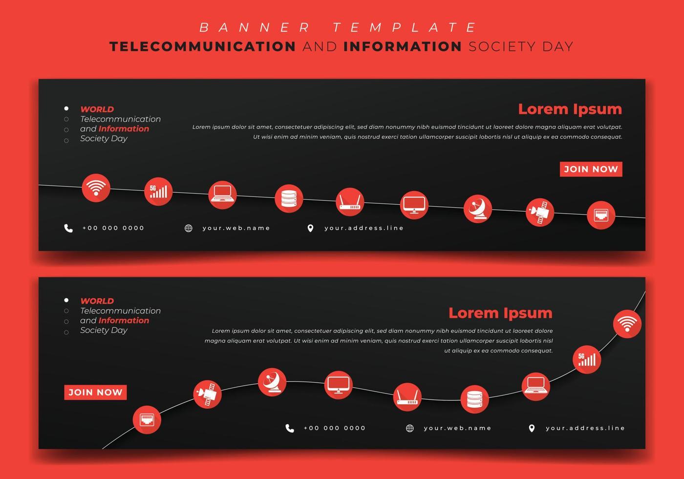 modelo de banner da web para o dia da sociedade de telecomunicações e informação com design de ícones de tecnologia vetor