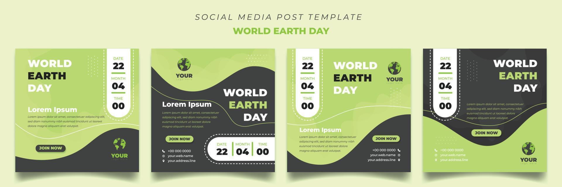 conjunto de design de modelo de postagem de mídia social em fundo quadrado. modelo de dia mundial da terra com fundo verde. vetor