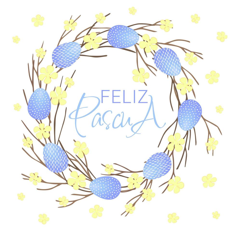 letras de feliz páscoa. guirlanda de páscoa com ovos de páscoa, flores e galhos em fundo branco vetor