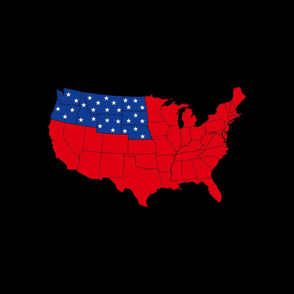 Estados Unidos da America. mapear a bandeira dos eua. mapear o projeto do vetor do mapa do país dos EUA. mapa dos EUA semelhante em branco isolado no fundo preto. ilustração do projeto do país dos Estados Unidos da América.