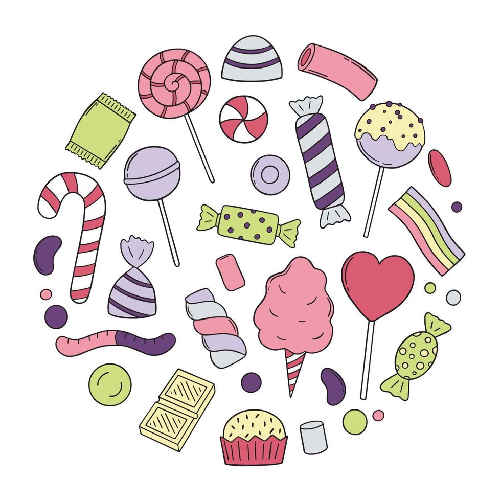 conjunto desenhado à mão de doodle de doces e balas. pirulito, caramelo, chocolate, marshmallow no estilo de desenho. ilustração vetorial isolada no fundo branco. vetor