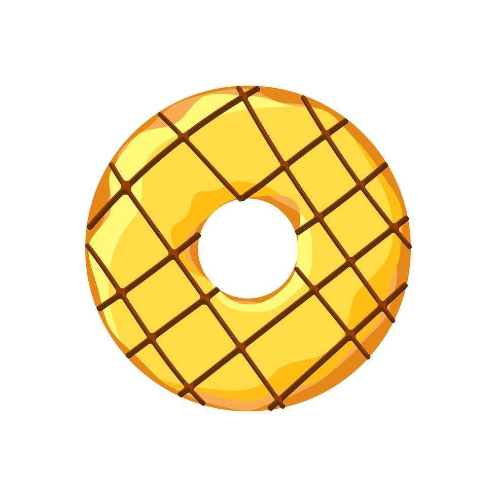 rosquinha saborosa colorida doce isolada no fundo branco. Vista superior de rosquinha de vidro e tiras de chocolate amarelas para decoração de café de bolo ou design de menu. ilustração eps de vetor de padaria deliciosa