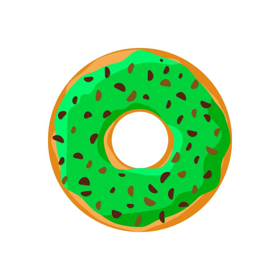 rosquinha saborosa colorida doce isolada no fundo branco. vidrados verdes e gotas de chocolate polvilham a vista superior do donut para decoração de café de bolo ou design de menu. ilustração eps de vetor de padaria deliciosa