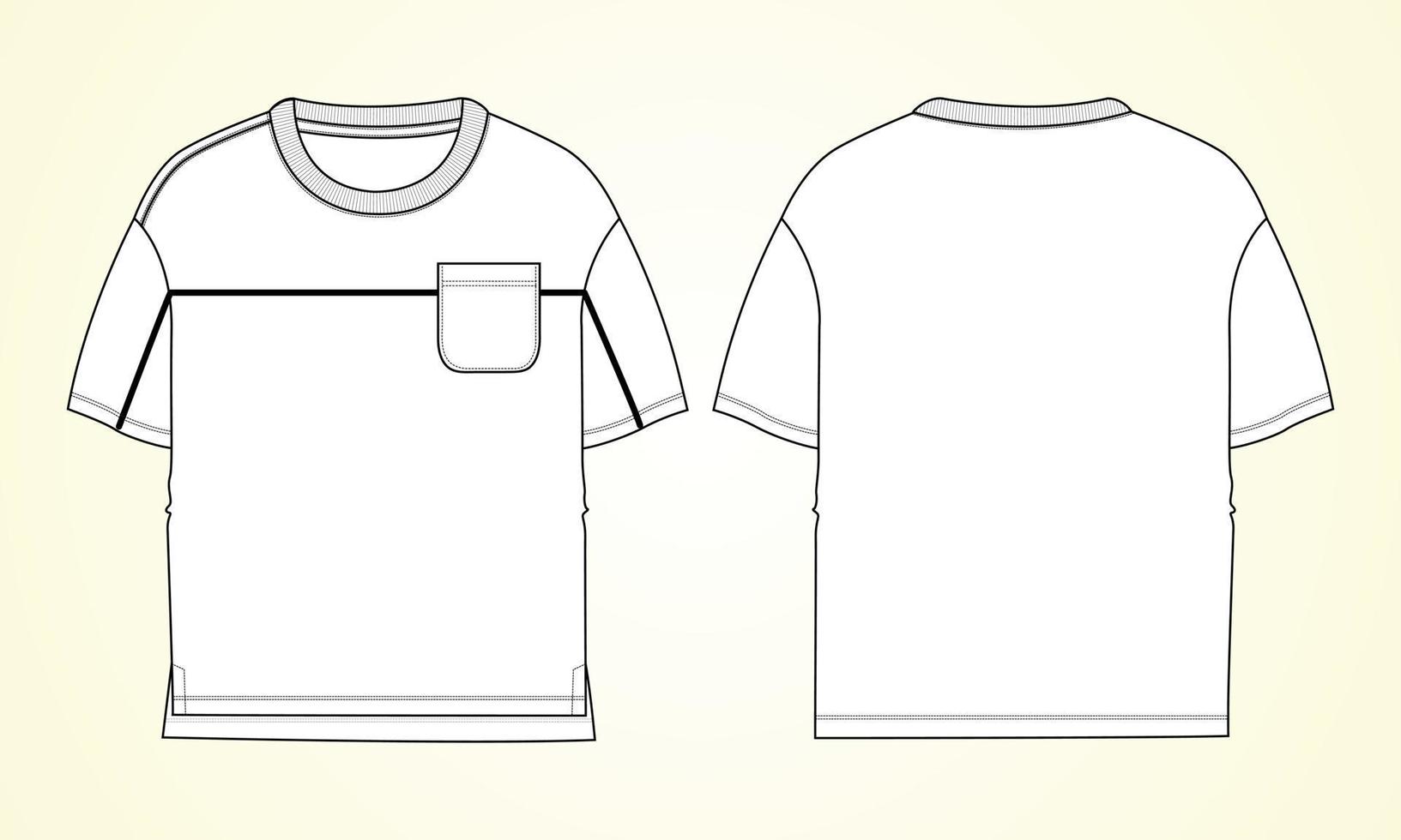 t-shirt básica de manga curta geral técnica de moda plana esboço ilustração vetorial modelo de vista frontal e traseira. maquete de design de vestuário básico para crianças, meninos vetor